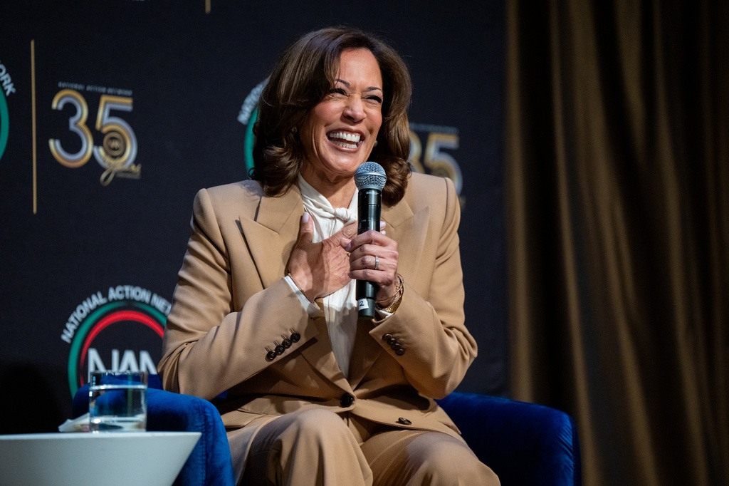 FILE - Former Vice President Kamala Harris speaks during the National Action Network Convention in New York, April 10, 2026. (AP Photo/Angelina Katsanis, File)