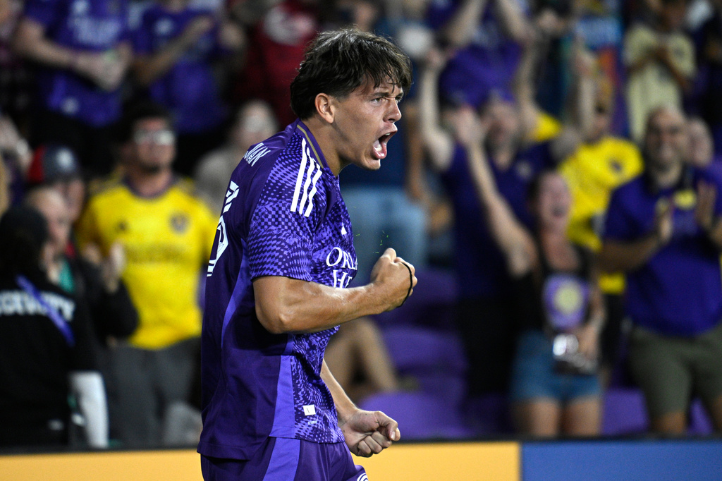 Orlando City forward Harvey Sarajian celebrates his goal during the second half of an MLS soccer match against Toronto FC, Saturday, Sept. 12, 2026, in Orlando, Fla. (AP Photo/Phelan M. Ebenhack)