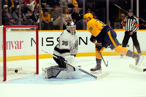 Nashville Predators left wing Cole Smith (36) scores a goal against Los Angeles Kings goaltender Darcy Kuemper (35) during the second period of an NHL hockey game Saturday, Oct. 25, 2025, in Nashville, Tenn. (AP Photo/Mark Humphrey) Nashville Predators left wing Cole Smith (36) scores a goal against Los Angeles Kings goaltender Darcy Kuemper (35) during the second period of an NHL hockey game Saturday, Oct. 25, 2025, in Nashville, Tenn. (AP Photo/Mark Humphrey)