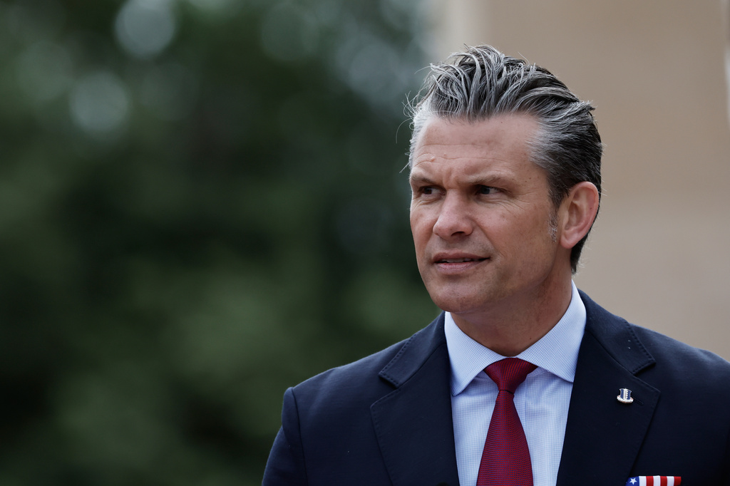 U.S. Defense Secretary Pete Hegseth delivers a speech at the US cemetery to commemorate the 82nd anniversary of the D-Day landings, in Colleville-sur-Mer, Normandy, France, Saturday, June 6, 2026. (AP Photo/Jeremias Gonzalez)