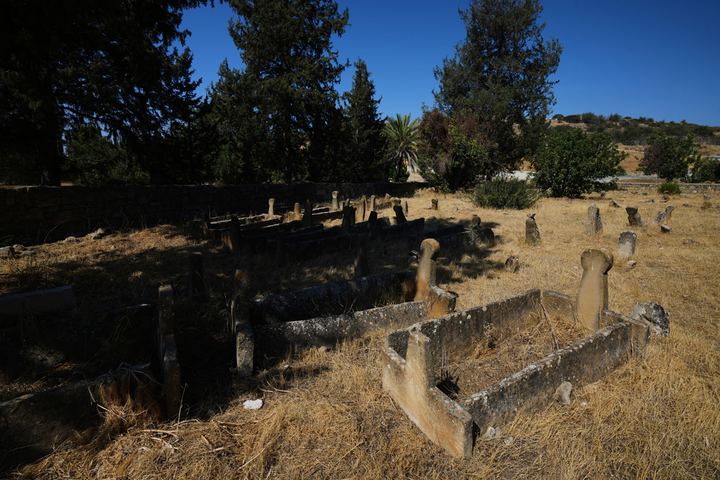 Shade from pine trees covers some of the graves of Turkish Cypriots at the Muslim cemetery in the village of Tochni, Cyprus on July 3, 2025. (AP Photo/Petros Karadjias)