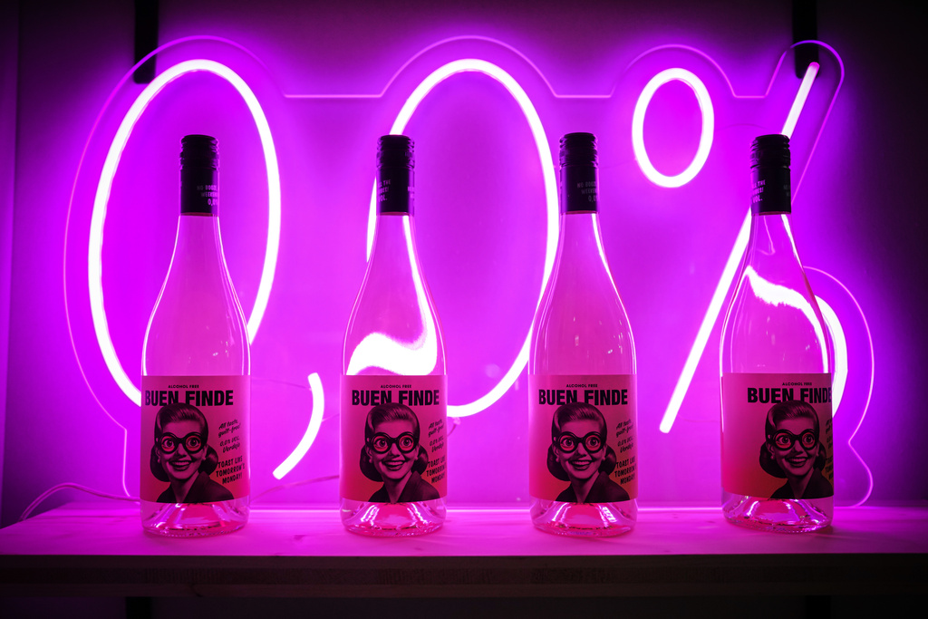 Non-alcoholic wines are presented at the Wine Paris 2026 fair, at the Porte de Versailles exhibition center in Paris, France, Tuesday, Feb. 10, 2026. (AP Photo/Aurelien Morissard)