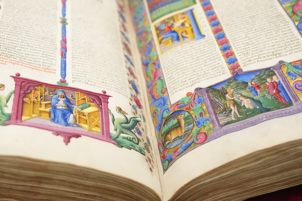 A detail of the 15th century Borso D'Este Bible, comprising two illuminated manuscripts, during its unveiling at the Italian Senate as part of the Vatican's Holy Year celebrations in Rome, Thursday, Nov. 13, 2025. (AP Photo/Alessandra Tarantino)