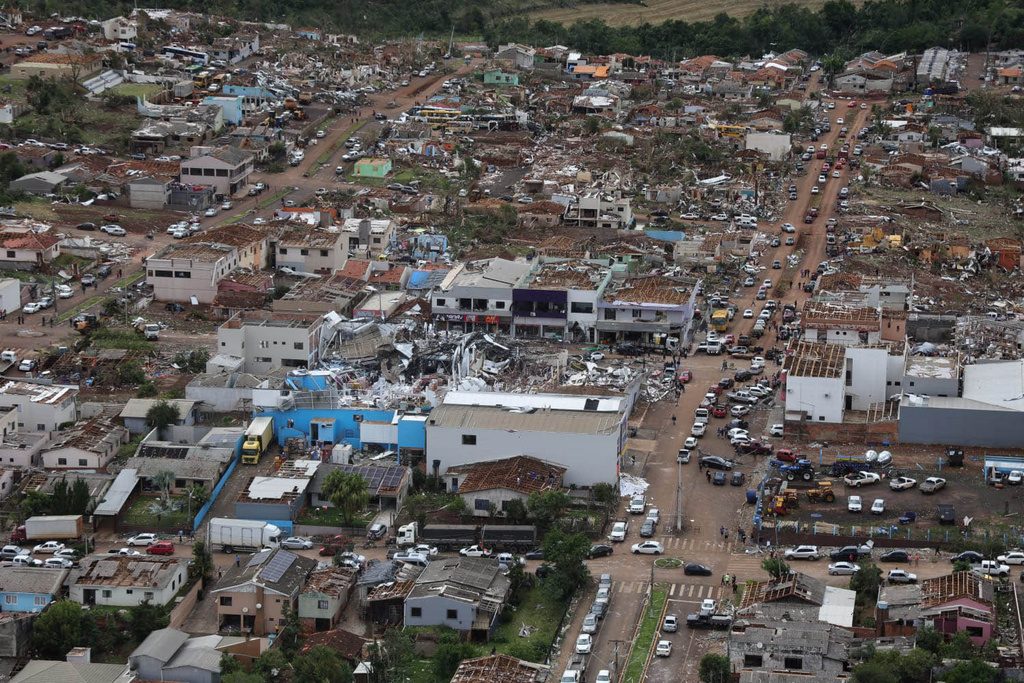 This photo provided by the Parana state government shows homes destroyed by a tornado in Rio Bonito do Iguacu, Parana state, Saturday, Nov. 8, 2025. (Jonathan Campos/Parana Government via AP)