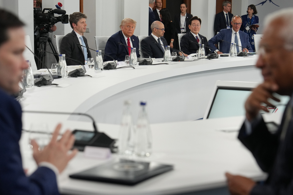 U.S. President Donald Trump participates in a working lunch with other leaders during the G7 summit, Wednesday, June 17, 2026, in Evian-les-Bains, France. (AP Photo/Julia Demaree Nikhinson, Pool)