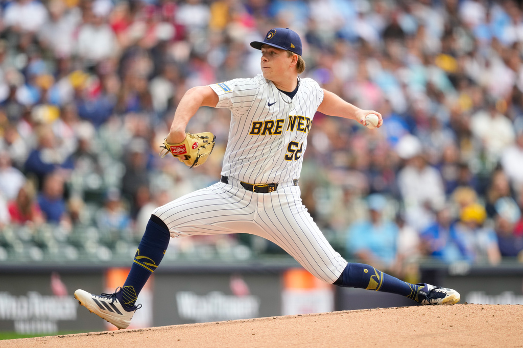 Milwaukee Brewers pitcher Kyle Harrison throws during the first inning of a baseball game against the Philadelphia Phillies Sunday, June 14, 2026, in Milwaukee. (AP Photo/Kayla Wolf)