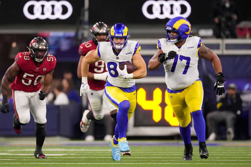 Los Angeles Rams tight end Davis Allen (87) runs against the Tampa Bay Buccaneers during the second half of an NFL football game Sunday, Nov. 23, 2025, in Inglewood, Calif. (AP Photo/Mark J. Terrill)