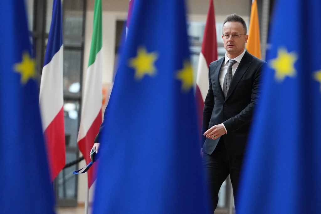 Hungary's Foreign Minister Peter Szijjarto arrives for a meeting of EU foreign ministers at the European Council building in Brussels, Monday, Feb. 23, 2026. (AP Photo/Virginia Mayo)