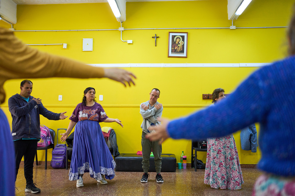 Residents participate in a dance workshop at the Pequeño Cottolengo Don Orione, a home for people with disabilities that will be visited by Pope Leo XIV in November, in Buenos Aires, Argentina, Thursday, Sept. 24, 2026. (AP Photo/Rodrigo Abd)