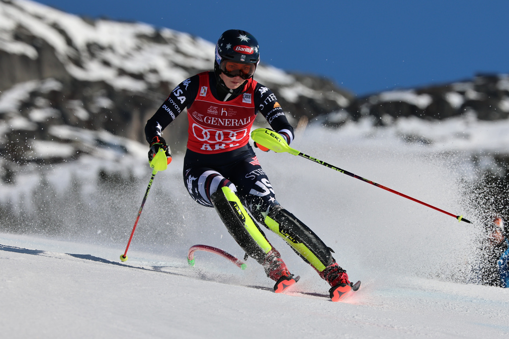United States' Mikaela Shiffrin speeds down the course, during an alpine ski, women's World Cup slalom, in Are, Sweden, Sunday, March 15, 2026. (AP Photo/Marco Trovati)