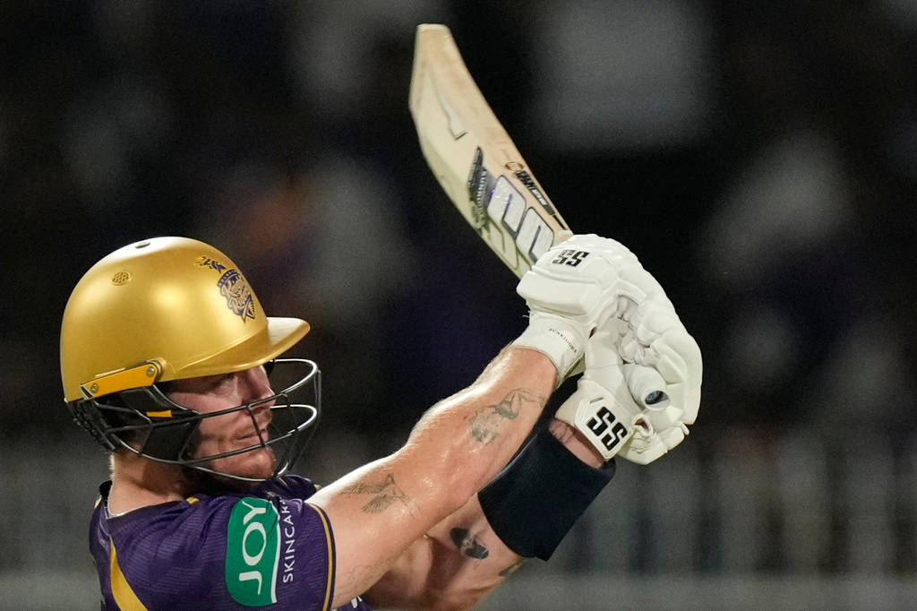 Kolkata Knight Riders' Finn Allen hits a six during the Indian Premier League cricket match between Gujarat Titans and Kolkata Knight Riders, in Kolkata , India, Saturday, May 16, 2026. (AP Photo/Bikas Das)