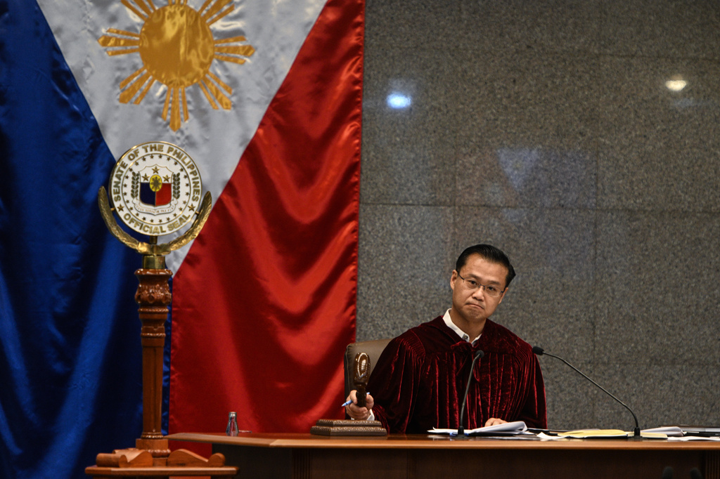 Philippine Senate President Sherwin Gatchalian presides during the opening of the impeachment trial of Philippine Vice President Sara Duterte at the Senate of the Philippines in Pasay, Metro Manila, Philippines, July 6, 2026. (Noel Celis/Pool Photo via AP)