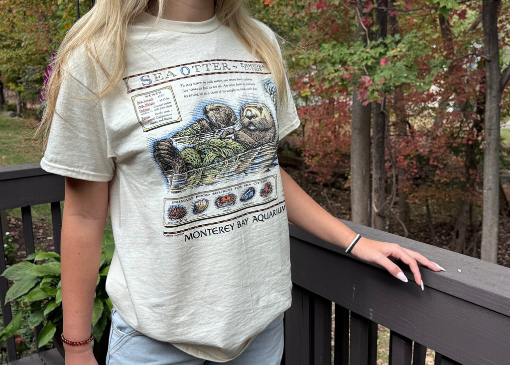 This undated photo provided by the Monterey Bay Aquarium shows a person wearing the re-released Monterey Bay Aquarium t-shirt on Wednesday, Oct. 15, 2025, in Pacific Grove, Calif. (Monterey Bay Aquarium via AP)