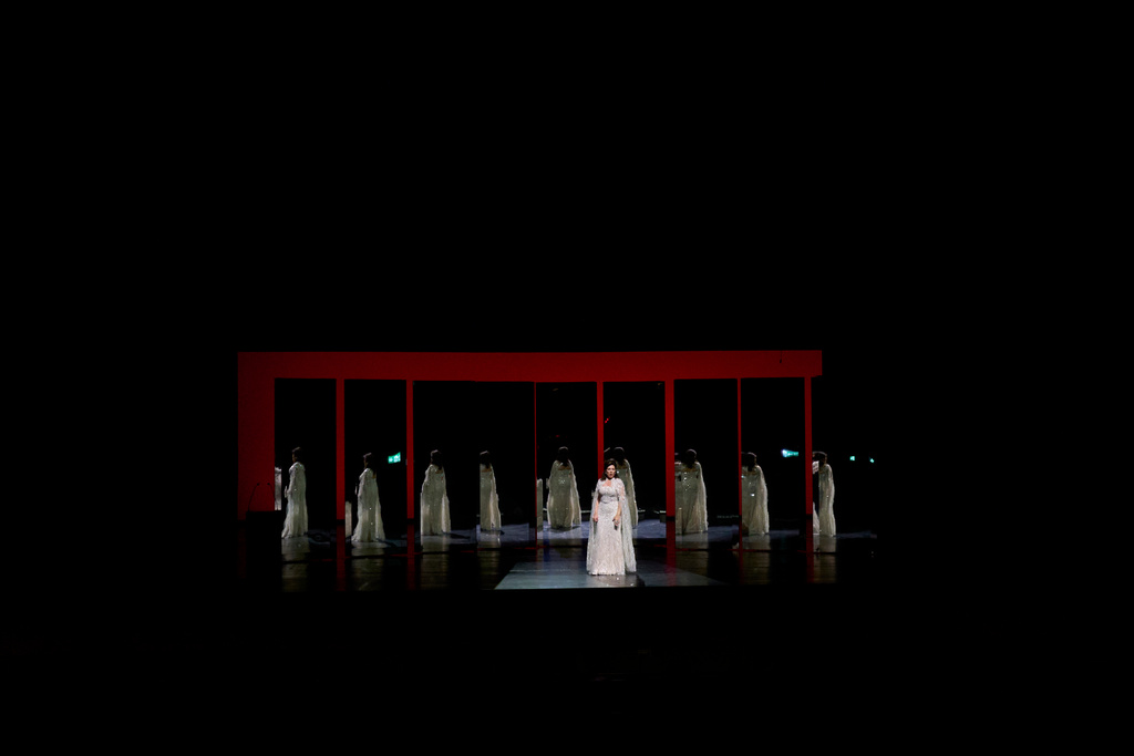 Soprano Marina Rebeka performs after receiving the Readers' award at the International Opera Awards, held at the Greek National Opera, in Athens, Thursday, Nov. 13, 2025. (AP Photo/Petros Giannakouris)