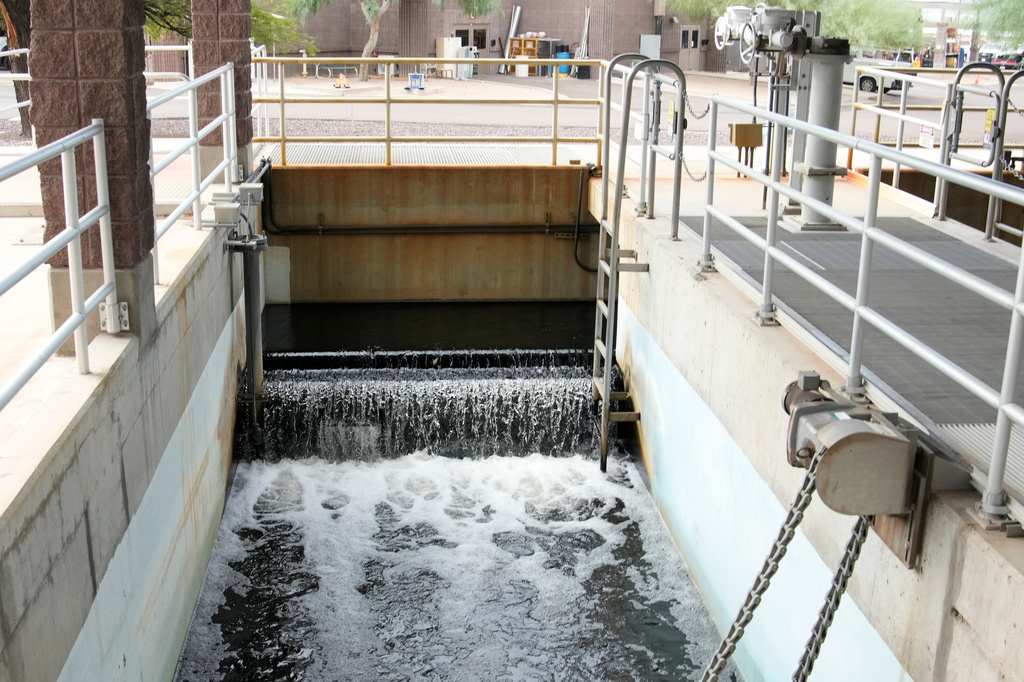 Water flows through part of the standard wastewater treatment A+ effluent tertiary filter system at the Scottsdale Water Campus on Wednesday, Sept. 9, 2026, in Scottsdale, Ariz. (AP Photo/Ross D. Franklin)
