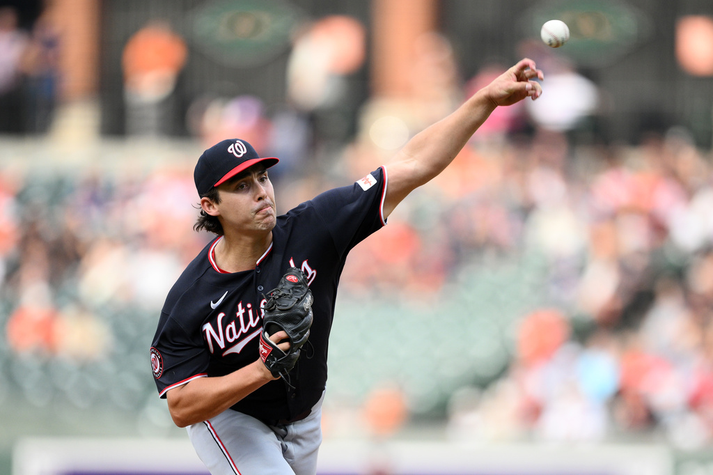 Washington Nationals pitcher Andrew Alvarez throws during the first inning of a baseball game against the Baltimore Orioles, Friday, June 26, 2026, in Baltimore. (AP Photo/Nick Wass)
