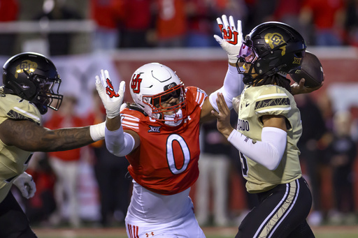 Colorado quarterback Kaidon Salter (3) looks to pass as Utah defensive end Logan Fano (0) looks to sack him during the first half of an NCAA college football game, Saturday, Oct. 25, 2025, in Salt Lake City, Utah. (AP Photo/Tyler Tate) Colorado quarterback Kaidon Salter (3) looks to pass as Utah defensive end Logan Fano (0) looks to sack him during the first half of an NCAA college football game, Saturday, Oct. 25, 2025, in Salt Lake City, Utah. (AP Photo/Tyler Tate)