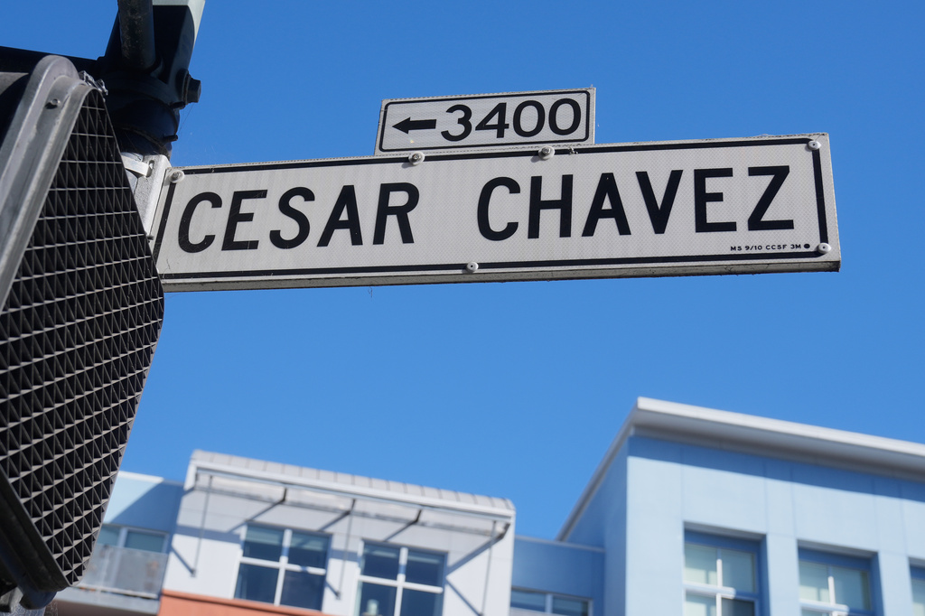 FILE - A César Chavez street sign is shown in San Francisco, March 18, 2026. (AP Photo/Jeff Chiu, File)