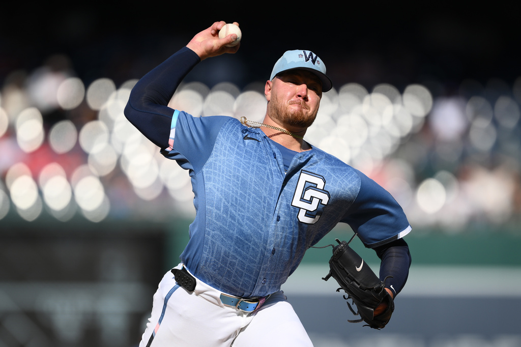 Washington Nationals pitcher Cade Cavalli throws during the first inning of a baseball game against the Miami Marlins, Saturday, Aug. 29, 2026, in Washington. (AP Photo/Nick Wass)