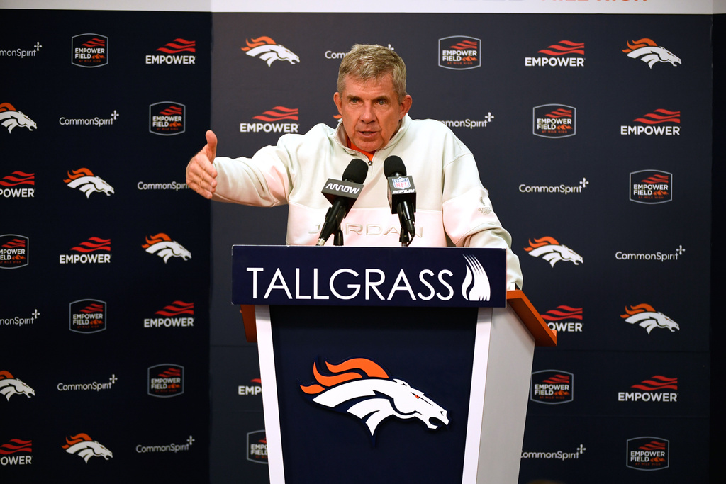 Denver Broncos head coach Sean Payton responds to a question during a news conference after an NFL football game, Sunday, Jan. 4, 2026, in Denver. (AP Photo/Eric Lutzens)