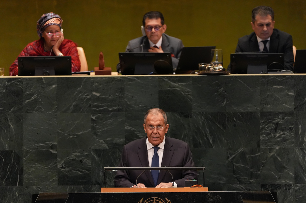 Foreign Minister Sergey Lavrov of Russia speaks during the 81st session of the United Nations General Assembly at United Nations headquarters, Saturday, Sept. 26, 2026. (AP Photo/Heather Khalifa)
