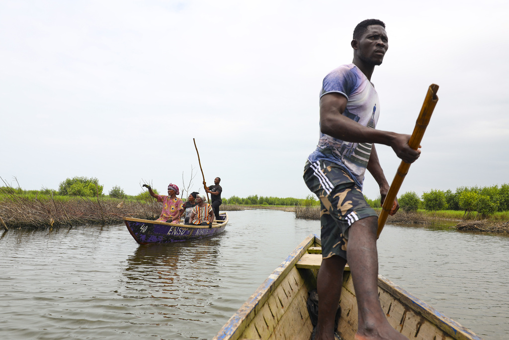 Women ride boats to harvest oysters at Tsokomey, Ghana, Aug. 6, 2025. (AP Photo/Misper Apawu)