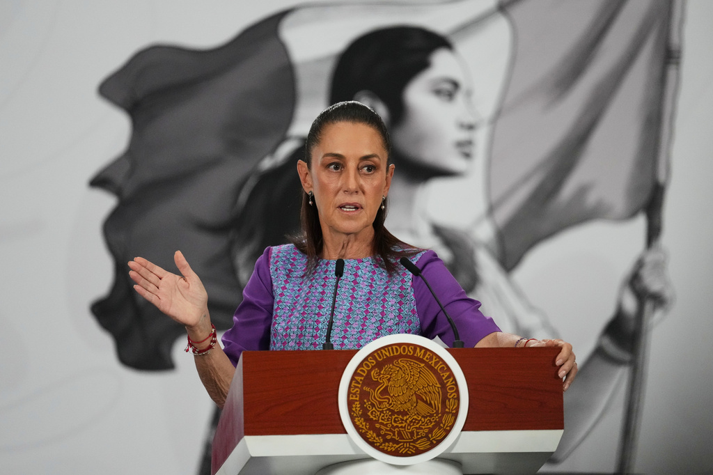 President Claudia Sheinbaum gives her daily morning press conference at the National Palace in Mexico City, Thursday, April 30, 2026. (AP Photo/Fernando Llano)