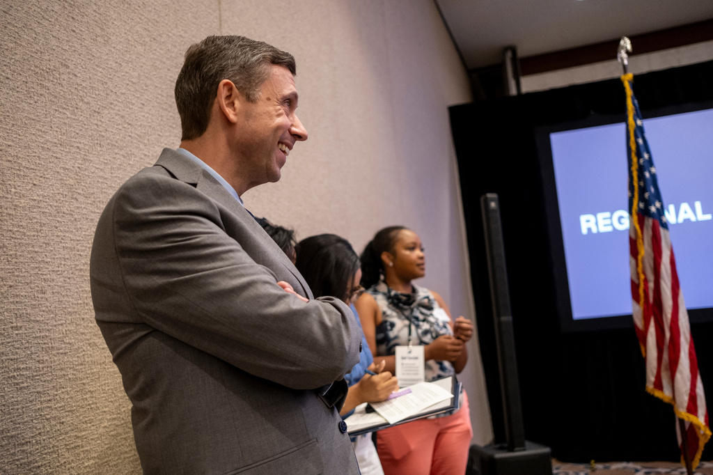 Democratic National Committee Chair Ken Martin attends the Black Caucus meeting as part of the DNC Summer Meeting, Thursday, Aug. 13, 2026, in Austin, Texas. (AP Photo/Joel Angel Juarez)