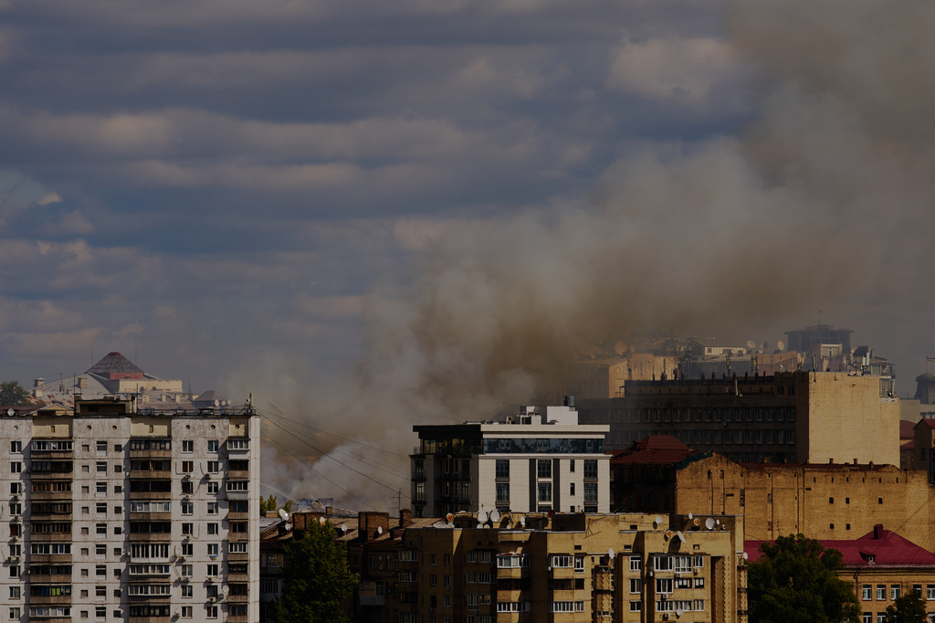 Smoke rises after a Russian drone attack in downtown Kyiv, Wednesday, Sept. 2, 2026. (AP Photo/Francisco Seco)