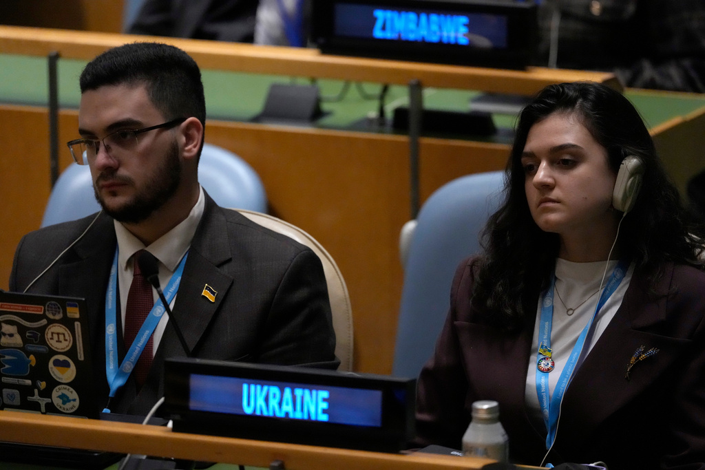 Delegates from Ukraine listen as Russia's Minister of Foreign Affairs Sergey Lavrov addresses the 80th session of the United Nations General Assembly, Saturday, Sept. 27, 2025, at U.N. headquarters. (AP Photo/Pamela Smith)