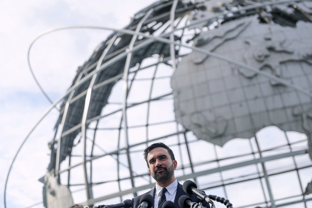 New York City mayor-elect Zohran Mamdani speaks in front of the Unisphere in the Queens borough of New York, Wednesday, Nov. 5, 2025. (AP Photo/Heather Khalifa)