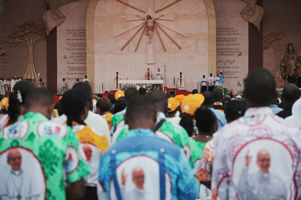 Pope Leo XIV arrives to celebrate the Holy mass at the Malabo stadium, in Malabo, Equatorial Guinea, Thursday, April 23, 2026, on the last day of his 11-day pastoral visit to Africa. (AP Photo/Andrew Medichini)