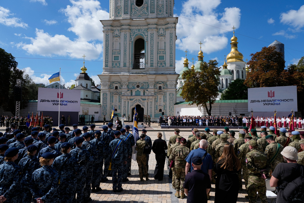 Ukrainian and foreign officials attend a ceremony marking Ukraine's Independence Day in Kyiv, Ukraine, Monday, Aug. 24, 2026. (AP Photo/Efrem Lukatsky)