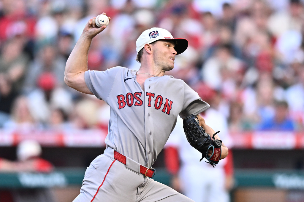 Boston Red Sox pitcher Sonny Gray delivers during the first inning of a baseball game against the Los Angeles Angels, Saturday, July 4, 2026, in Anaheim, Calif. (AP Photo/William Liang)