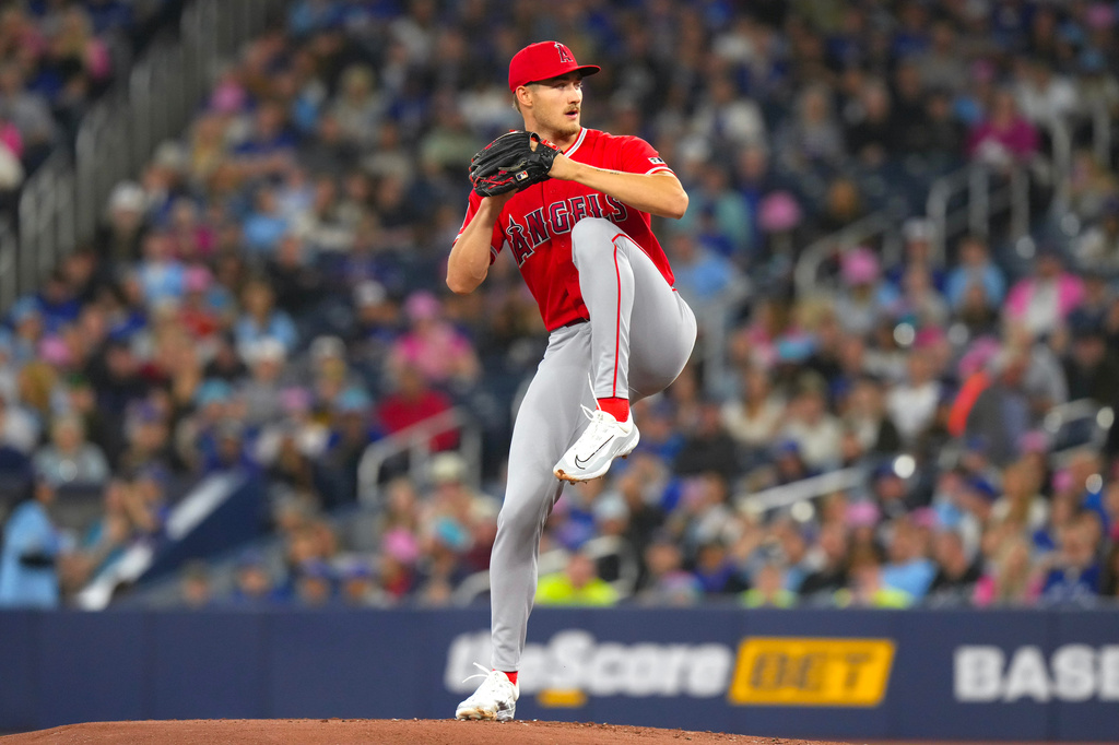 Los Angeles Angels pitcher Jack Kochanowicz winds up to deliver against the Toronto Blue Jays during baseball game action in Toronto, Saturday, May 9, 2026. (Chris Young/The Canadian Press via AP)