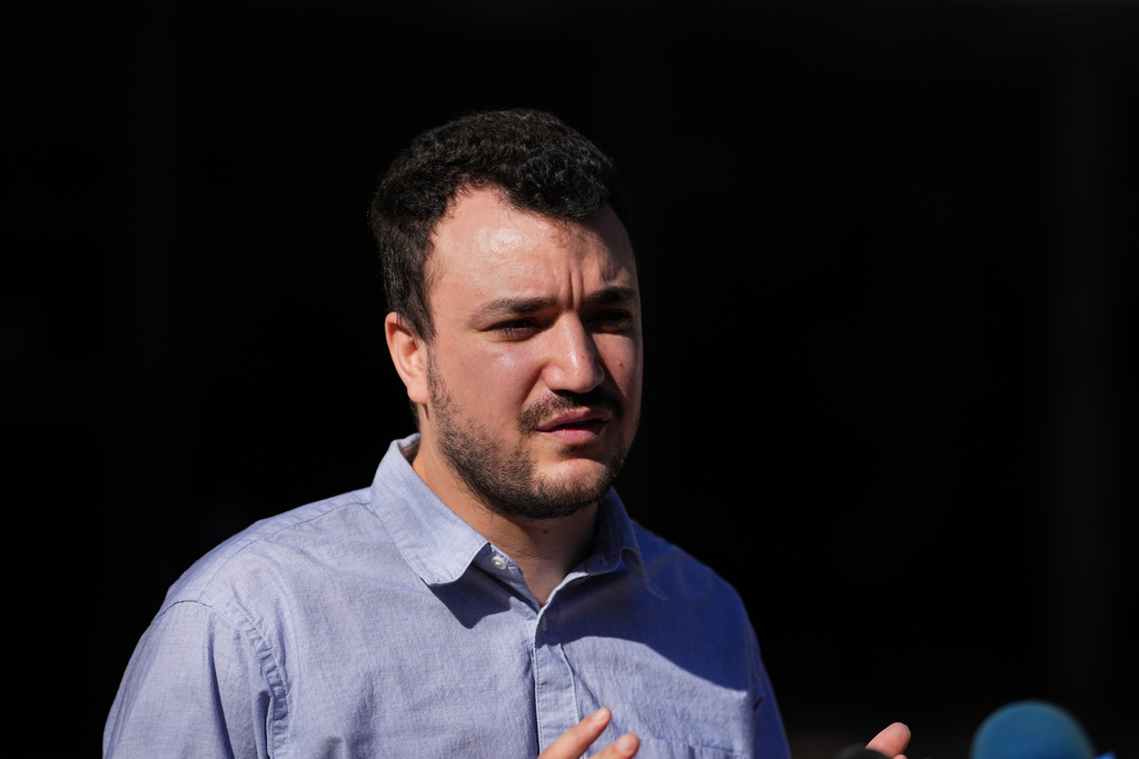 FILE - Palestinian activist Mahmoud Khalil holds a news conference outside Federal Court on Tuesday, Oct. 21, 2025 in Philadelphia (AP Photo/Matt Rourke, File)
