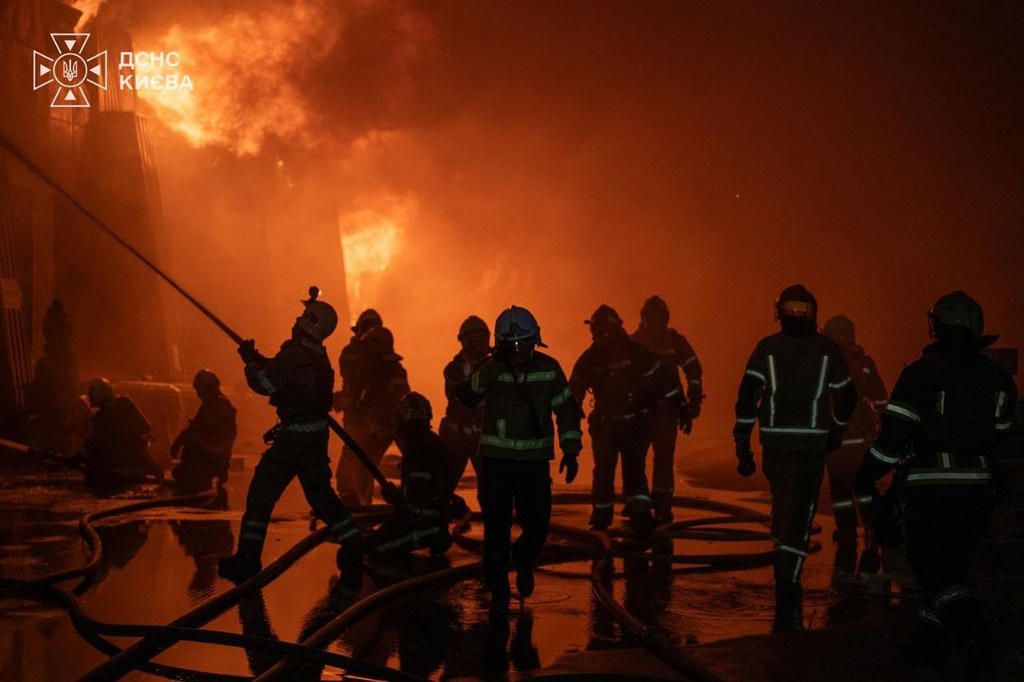 In this photo provided by the Ukrainian Emergency Service, firefighters put out a fire following a Russian drone attack in Kyiv, Dnipropetrovsk region, Ukraine, Friday, Sept. 11, 2026. (Ukrainian Emergency Service via AP)