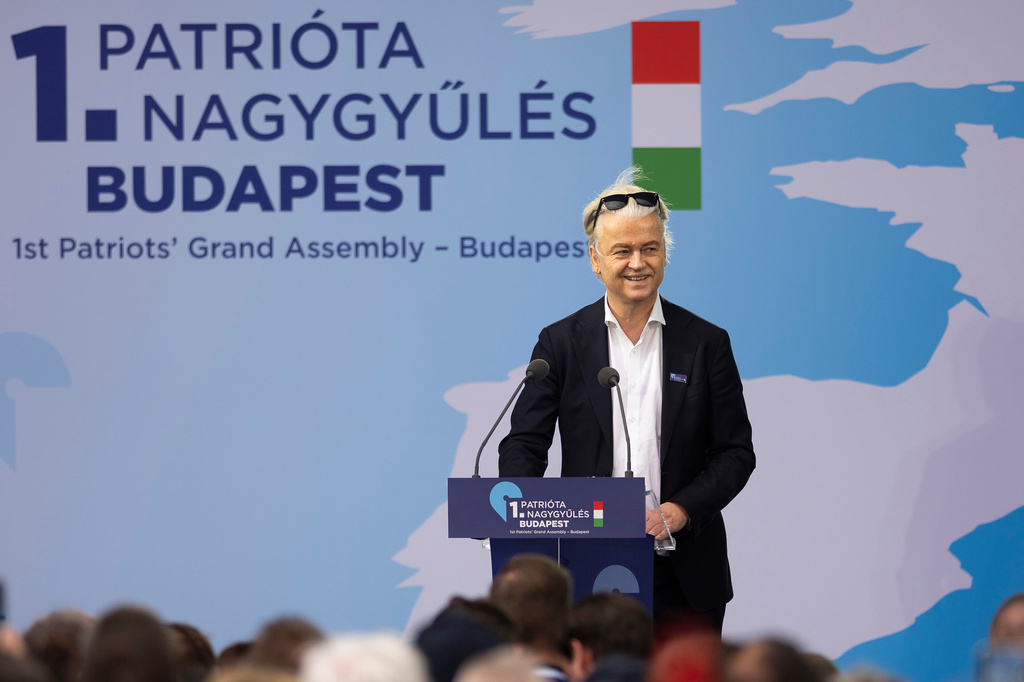 Geert Wilders of the Netherlands speaks during an assembly of European far-right parties with Orbán’s Patriots for Europe group, in Budapest, Hungary, Monday, March 23, 2026. (AP Photo/Denes Erdos)