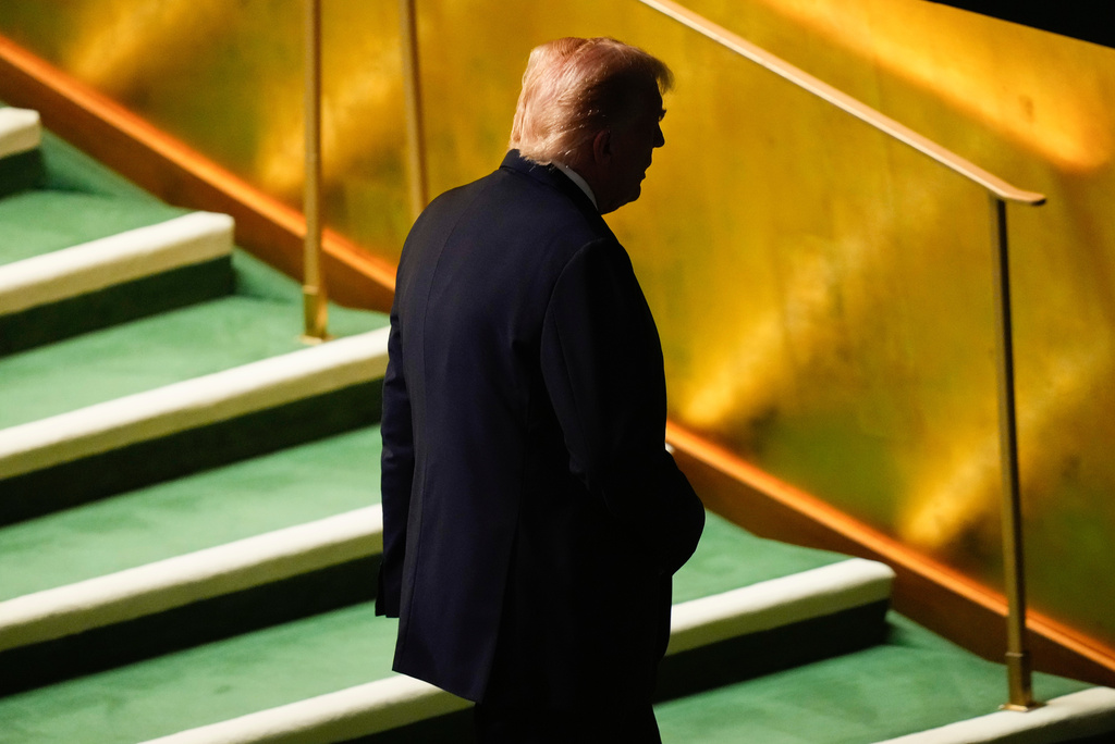 President Donald Trump leaves after addressing the 80th session of the United Nations General Assembly, Tuesday, Sept. 23, 2025, at U.N. headquarters. (AP Photo/Yuki Iwamura)