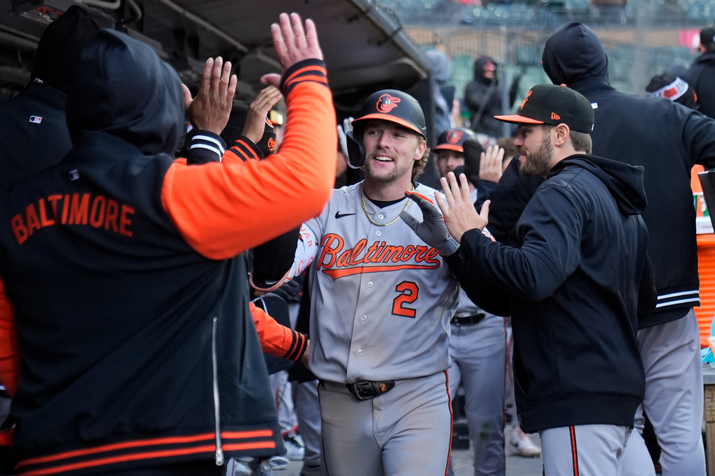 Baltimore Orioles designated hitter Gunnar Henderson (2) celebrates after hitting a two-run home run during the seventh inning of a baseball game against the Chicago White Sox, Tuesday, April 7, 2026, in Chicago. (AP Photo/Erin Hooley)