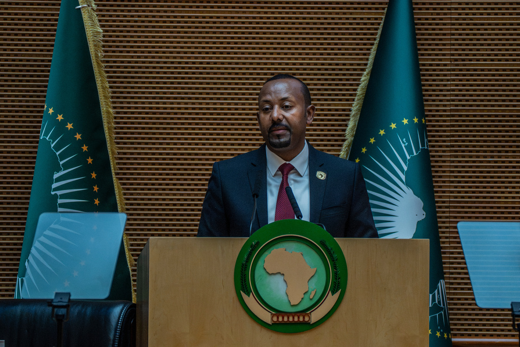 Ethiopia's Prime Minister Abiy Ahmed Ali delivers a speech during the annual African Union Summit at the Addis International Convention Center in Addis Ababa, Ethiopia, Saturday, Feb. 14, 2026. (AP Photo/Amanuel Sileshi)