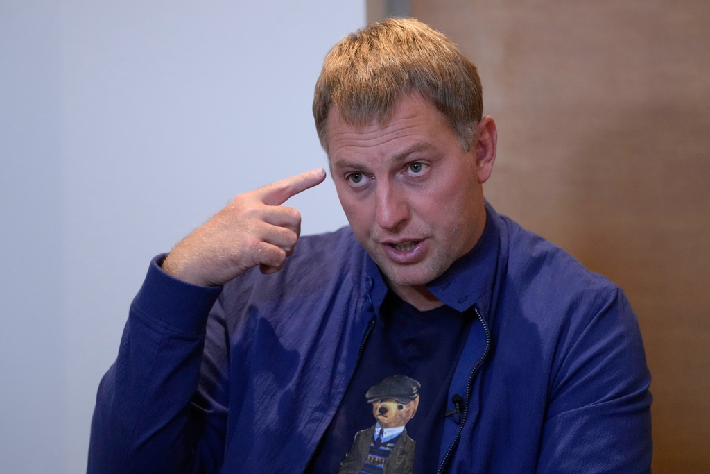 FILE - Vladimir Osechkin speaks during an interview with The Associated Press in Paris, France, Tuesday, Sept. 20, 2022. (AP Photo/Francois Mori, File)