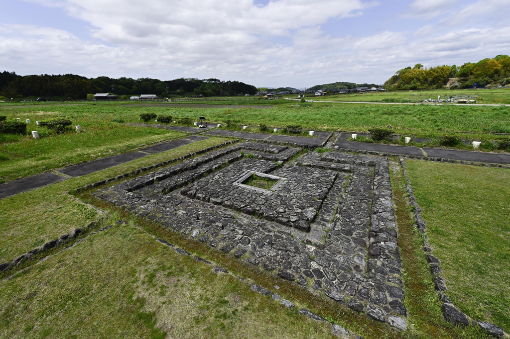 This shows Asuka Palace Ruins in Asuka village, Nara prefecture, western Japan, on April 20, 2026. (Kyodo News via AP)