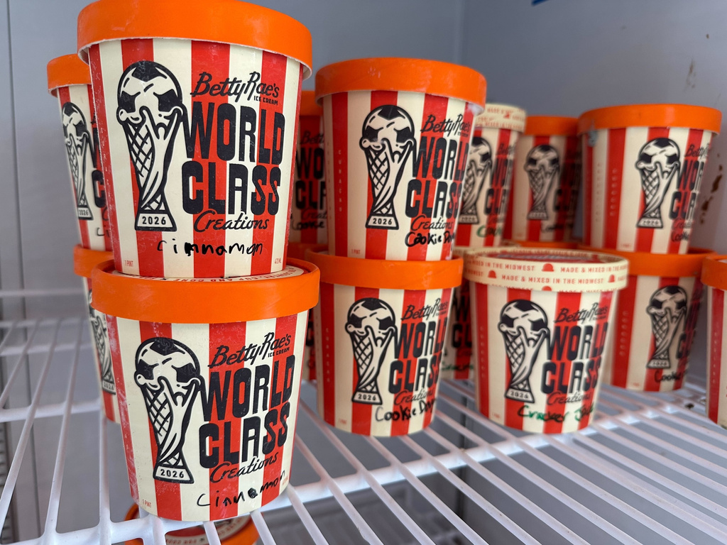Special flavors of Betty Rae's Ice Cream in anticipation of the 2026 FIFA World Cup are displayed Thursday, April 28, 2026, in Kansas City, Mo. (AP Photo/Nick Ingram)