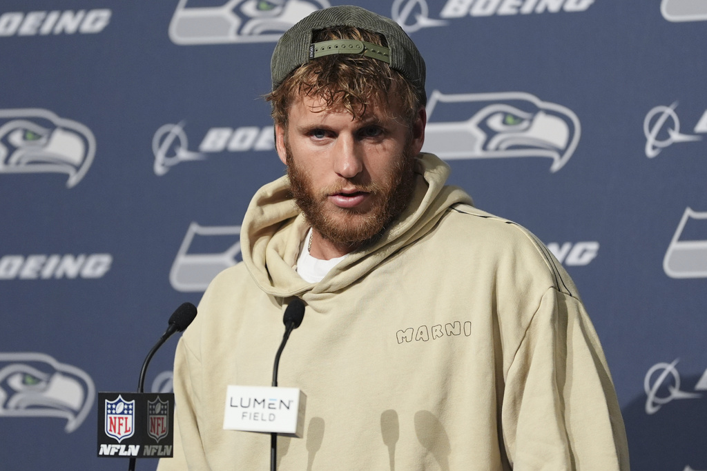 Seattle Seahawks wide receiver Cooper Kupp speaks during a news conference after an NFL football game against the San Francisco 49ers, Sunday, Sept. 7, 2025, in Seattle. (AP Photo/Lindsey Wasson)