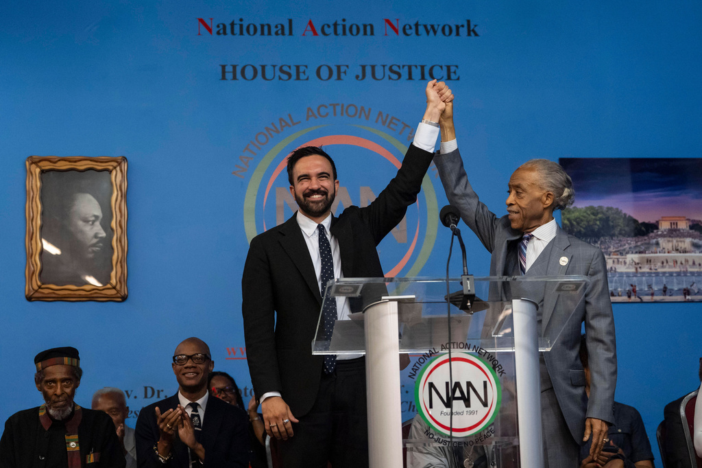 FILE - Rev. Al Sharpton, right, and Democratic mayoral candidate Zohran Mamdani, left, speak during the National Action Network's Saturday action rally at House of Justice in Harlem, Saturday, June 28, 2025, in New York. (AP Photo/Yuki Iwamura, File)
