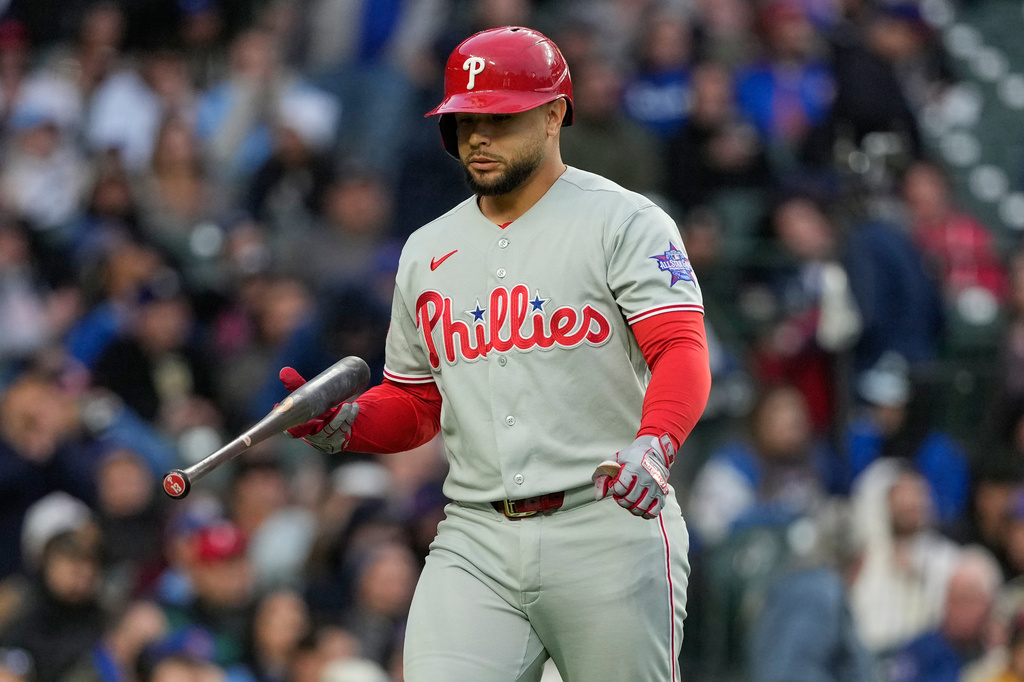 Philadelphia Phillies' Rafael Marchán reacts after striking out swinging during the second inning of a baseball game against the Chicago Cubs in Chicago, Monday, April 20, 2026. (AP Photo/Nam Y. Huh)