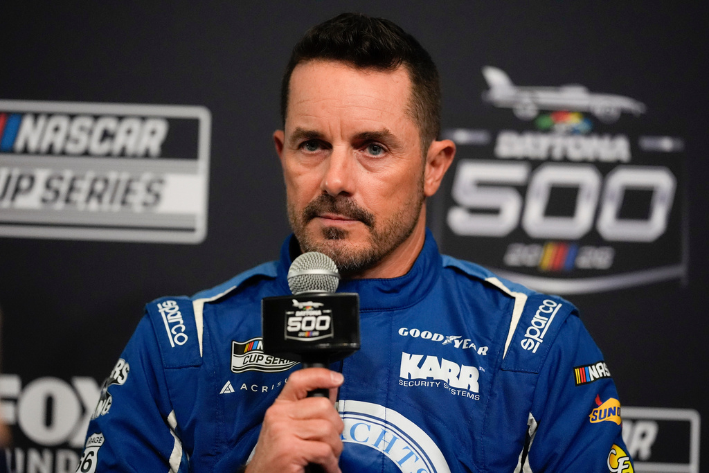 Casey Mears speaks during a NASCAR Daytona 500 media day, Wednesday, Feb. 11, 2026, in Daytona, Fla. (AP Photo/Mike Stewart)