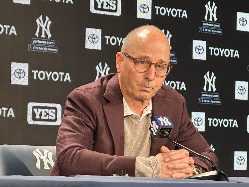 New York Yankees general manager Brian Cashman speaks during a baseball news conference, Thursday, Oct. 16, 2025, in New York. (AP Photo/Ronald Blum)