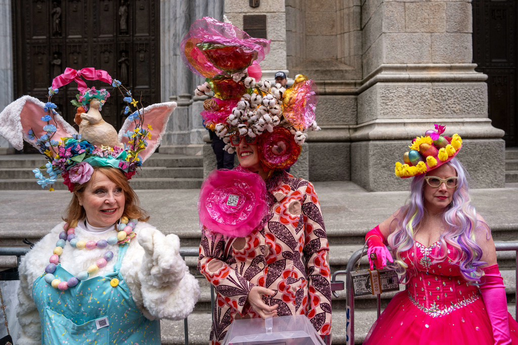 People participate in the Easter Bonnet Parade on Fifth Avenue, Sunday, April 5, 2026, in New York. (AP Photo/Adam Gray)